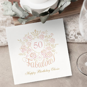 Serviette En Papier Rose et Or Élégant Floral 50 ans et Incroyable Ann