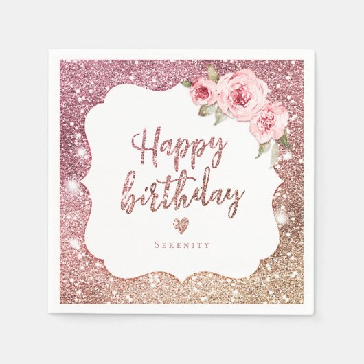 Serviette En Papier Rose étincelle parties scintillant or floral heur (Devant)