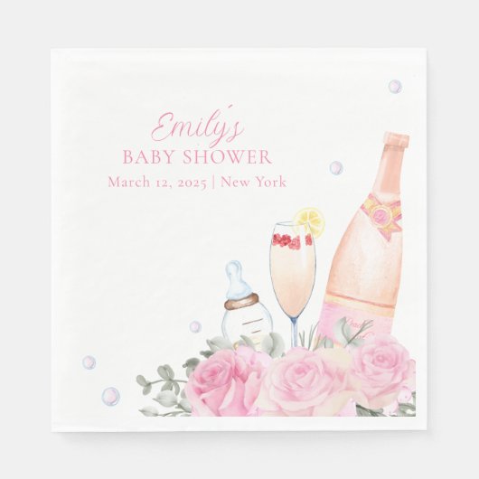 Serviette En Papier Rose Fleur Poppin Champagne Bouteilles Baby shower (Devant)