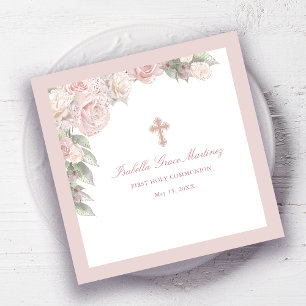 Serviette En Papier Rose Floral First Communion Cocktail