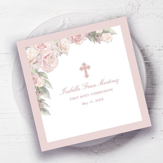 Serviette En Papier Rose Floral First Communion Cocktail