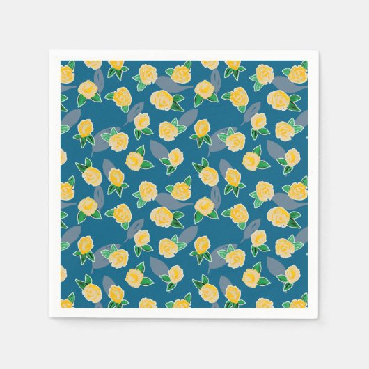 Serviette En Papier Rose floral jaune sur bleu (Devant)