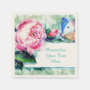 Serviette En Papier Rose Floral & Papillon Aquarelle Personnaliser