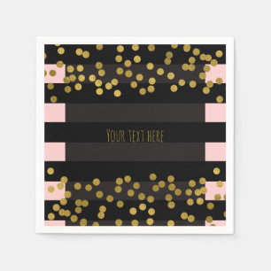 Serviette En Papier Rose gêné & Rayures noires Points en feuille dorée