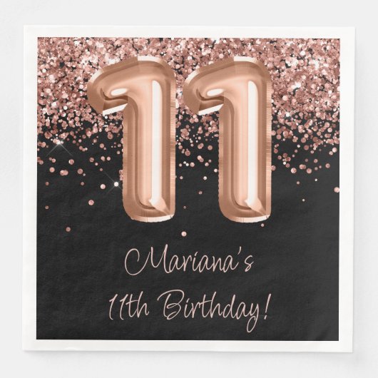 Serviette En Papier Rose Gold Black 11e fête d'anniversaire (Devant)