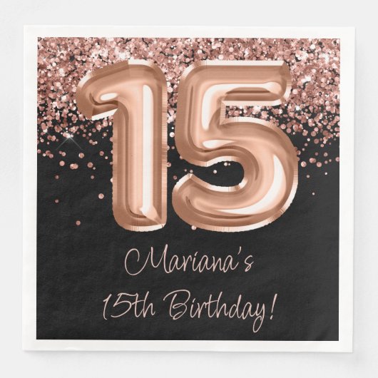 Serviette En Papier Rose Gold Black 15e fête d'anniversaire (Devant)