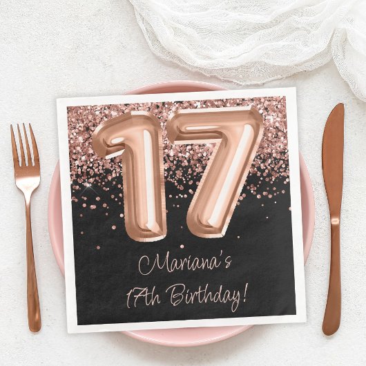 Serviette En Papier Rose Gold Black 17th Birthday Party