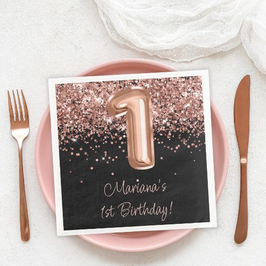 Serviette En Papier Rose Gold Black 1er anniversaire