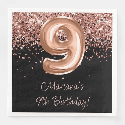 Serviette En Papier Rose Gold Black 9e fête d'anniversaire (Devant)