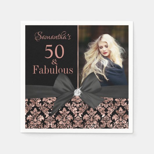 Serviette En Papier Rose Gold Black Damask photo 50e anniversaire (Devant)