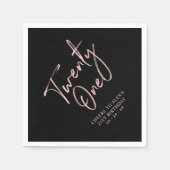 Serviette En Papier Rose Gold & Black Modern Adulte 21e fête d'anniver (Devant)