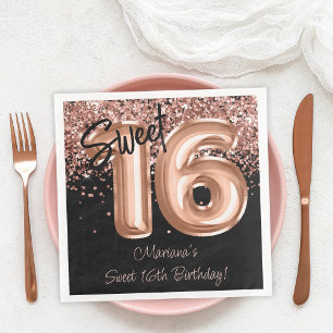 Serviette En Papier Rose Gold Black Sweet 16e fête d'anniversaire
