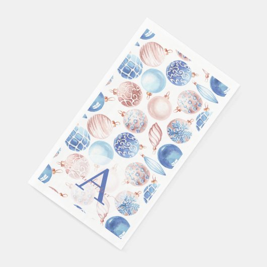 Serviette En Papier Rose Gold Bleu Nuit Baubles Monogramme Noël (Coin)