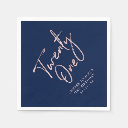 Serviette En Papier Rose Gold & Blue Modern Adulte 21e fête d'annivers (Devant)