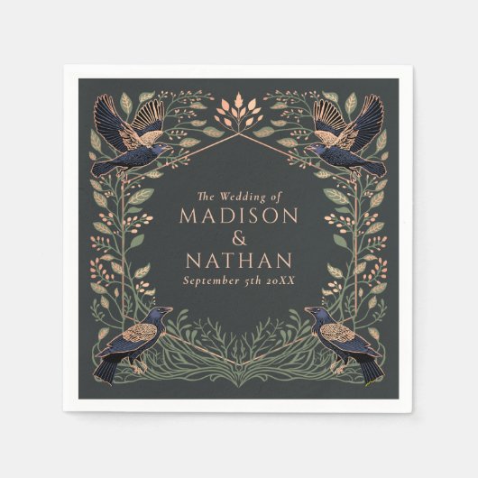 Serviette En Papier Rose Gold Enchanted Gothique Corbeau Floral Mariag (Devant)