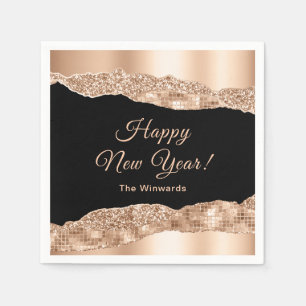 Serviette En Papier Rose Gold et Larmes de Glam Noir Bonne Année