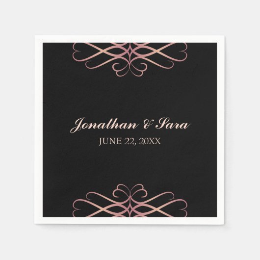 Serviette En Papier Rose Gold et noir, Elégant Mariage personnalisé (Devant)