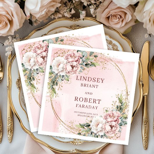 Serviette En Papier Rose Gold Floral Gold Glitter Greenery Wedding 