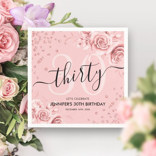 Serviette En Papier Rose Gold Floral Parties scintillant 30e Anniversa