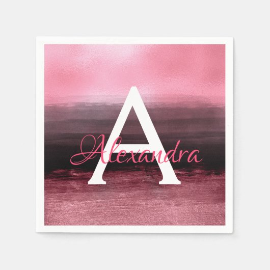 Serviette En Papier Rose Gold Foil Ombre Monogram Anniversaire (Devant)
