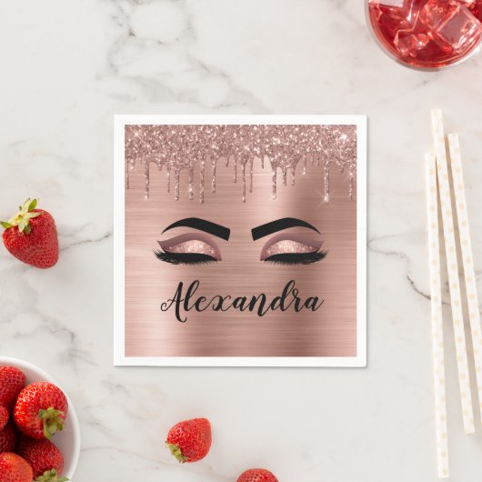 Serviette En Papier Rose Gold Glitter Sparkle Eyelashes Monogram (En situation)