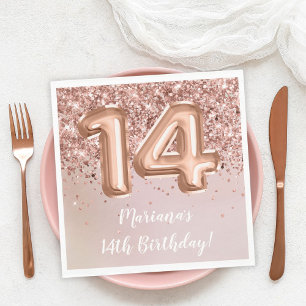 Serviette En Papier Rose Gold Kids Girl 14e fête d'anniversaire