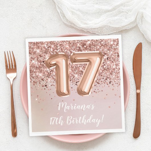 Serviette En Papier Rose Gold Kids Girl 17e fête d'anniversaire