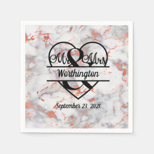 Serviette En Papier Rose Gold Marble M. et Mme Cœur Mariage