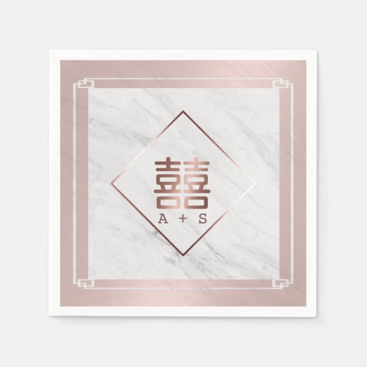 Serviette En Papier Rose Gold & Marbre blanc Mariage chinois moderne (Devant)