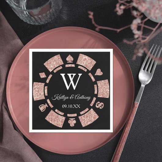 Serviette En Papier Rose Gold Monogram Poker Chip Casino Mariage