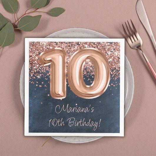Serviette En Papier Rose Gold Navy Blue 10th Birthday Party