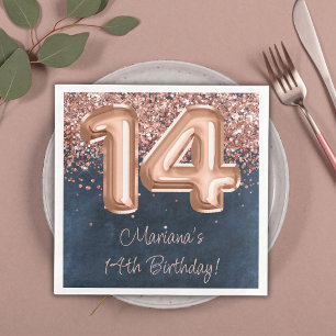 Serviette En Papier Rose Gold Navy Blue 14th Birthday Party