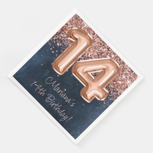 Serviette En Papier Rose Gold Navy Blue 14th Birthday Party (Coin)
