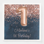 Serviette En Papier Rose Gold Navy Blue 1er anniversaire fête (Devant)