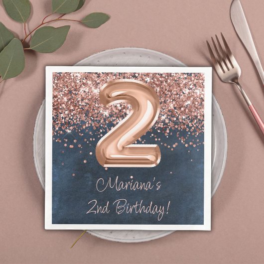 Serviette En Papier Rose Gold Navy Blue 2e fête d'anniversaire