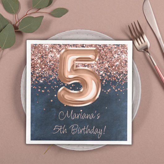 Serviette En Papier Rose Gold Navy Blue 5e anniversaire fête