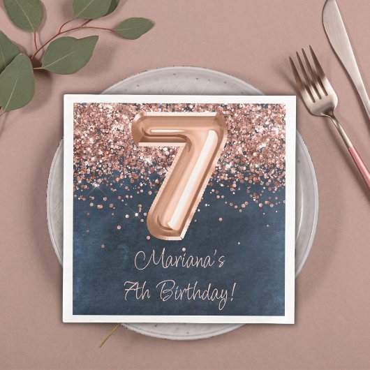 Serviette En Papier Rose Gold Navy Blue 7e fête d'anniversaire