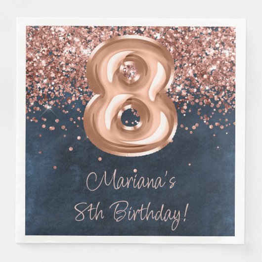 Serviette En Papier Rose Gold Navy Blue 8e fête d'anniversaire (Devant)