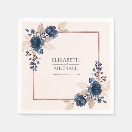 Serviette En Papier Rose Gold Navy Blue Dusty rose Floral Mariage (Devant)