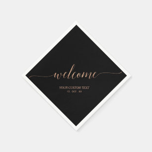 Serviette En Papier Rose Gold & Noir Élégant Script Bienvenue Fête