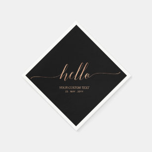 Serviette En Papier Rose Gold & Noir Élégant Script Bonjour Fête