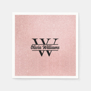 Serviette En Papier Rose Gold Pailleté Monogramme   Étincelle Moderne 