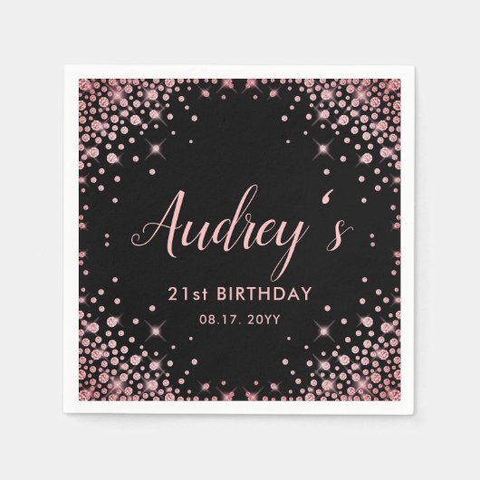 Serviette En Papier Rose Gold Parties scintillant Noir 21e anniversair (Devant)