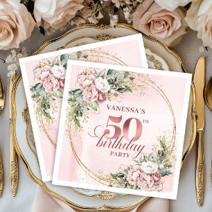 Serviette En Papier Rose Gold Pastel Rose Pâle Fleurs Blush 50e Annive