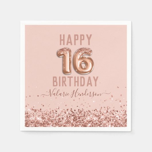 Serviette En Papier Rose Gold Pink Joyeux 16e anniversaire (Devant)