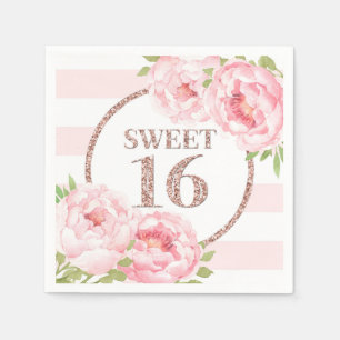 Serviette En Papier Rose Gold Pink Stripes Flowers Sweet 16 Anniversai