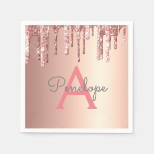 Serviette En Papier Rose Gold Rose Pailleté Coulant Glam Avec Monogram