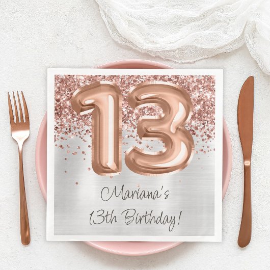 Serviette En Papier Rose Gold Silver 13e fête d'anniversaire
