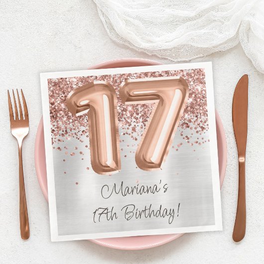 Serviette En Papier Rose Gold Silver 17e fête d'anniversaire