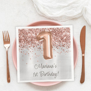 Serviette En Papier Rose Gold Silver 1ère fête d'anniversaire